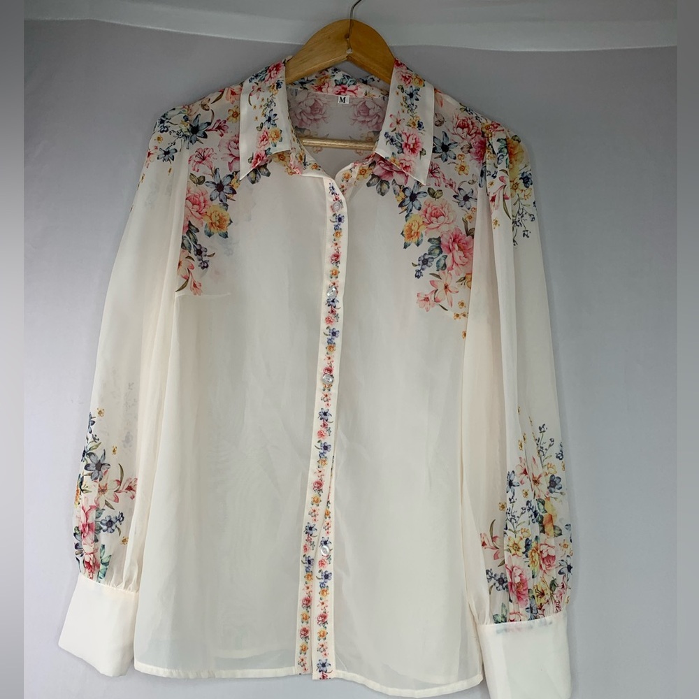 Pre- Owned Floral Sheer Blouse - Cream - Picture 5 of 8